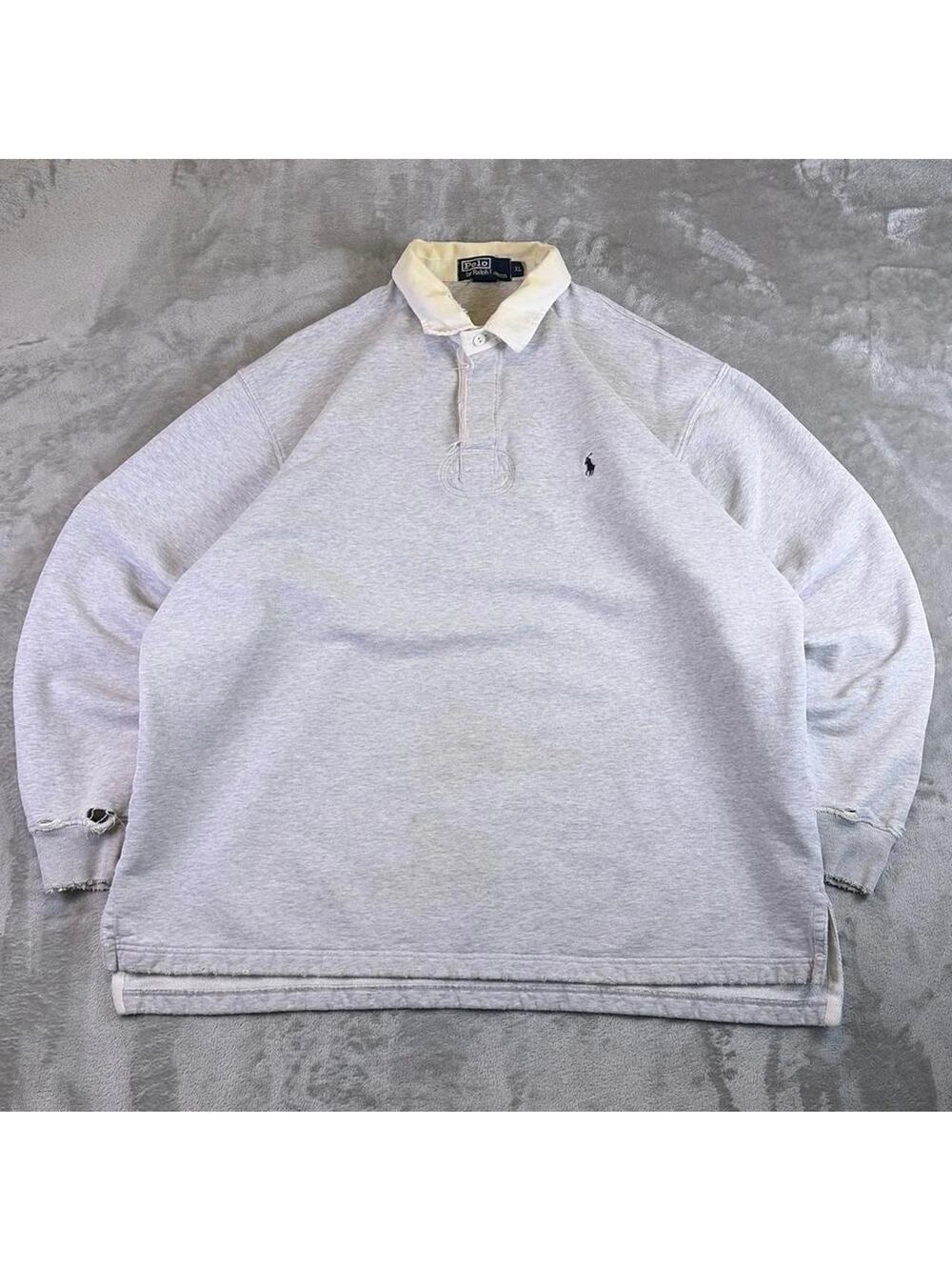 VTG Distressed Polo Ralph Lauren Rugby Sweatshirt Mens XL Gray Collared Pullover